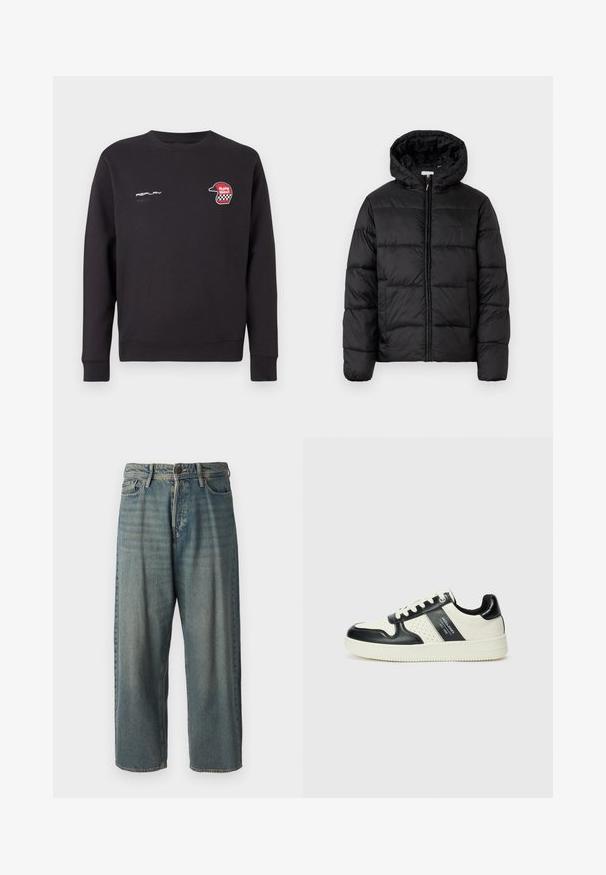 Casaco puffer preto com capuz, apresentando painéis acolchoados horizontais, fecho com zíper na frente e uma textura suave e brilhante.; Sweatshirt preto, em mistura de algodão, com decote redondo, mangas longas e um gráfico vermelho de um capacete com padrão de xadrez. Logo no peito.; Jeans de ganga azul claro com um corte solto, cintura média e pernas retas. Apresenta cinco bolsos, passadores de cinto e fecho com botão.; Ténis de couro com um esquema de cores em preto e creme, apresentando detalhes perfurados, um colarinho acolchoado e uma sola texturizada.