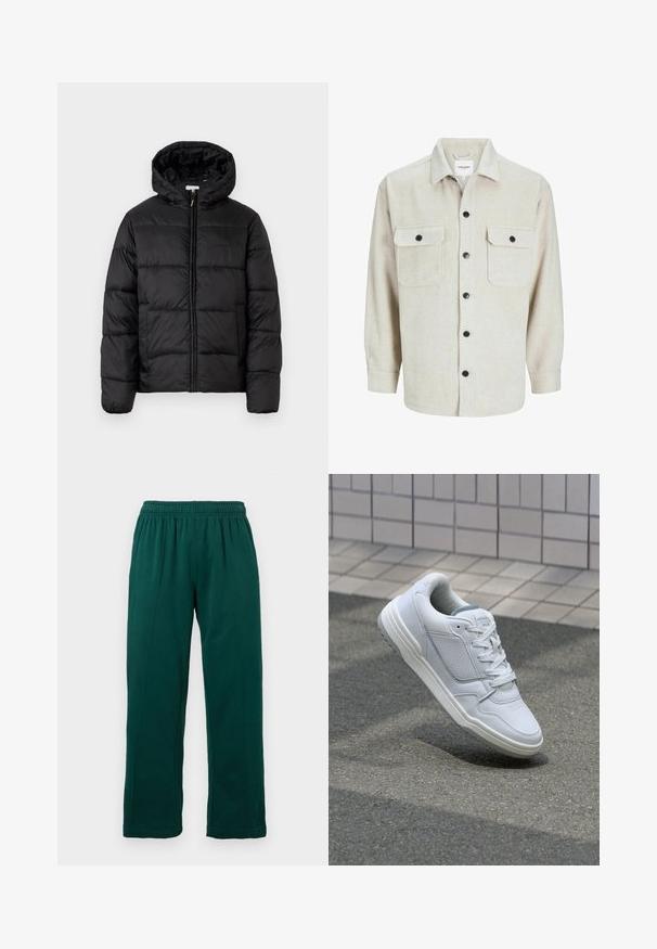 Schwarze Steppjacke mit Kapuze, ausgestattet mit horizontalen Stepppanelen, Reißverschluss vorne und einer glatten, glänzenden Textur.; Beige Flanellhemd mit Kragen, das über zwei Brusttaschen, schwarzen Knöpfen und langen Ärmeln mit geknöpften Manschetten verfügt.; Dunkelgrüne Fleece-Hosen mit elastischem Bund, geraden Beinen und sichtbaren Nahtdetails an der Vorderseite, vor einem weißen Hintergrund präsentiert.; Weiße Ledersneaker mit perforierten Seiten, strukturierten Akzenten, flachen Schnürsenkeln und einer kontrastierenden grauen Ferse. Verfügt über eine leicht erhöhte Sohle.