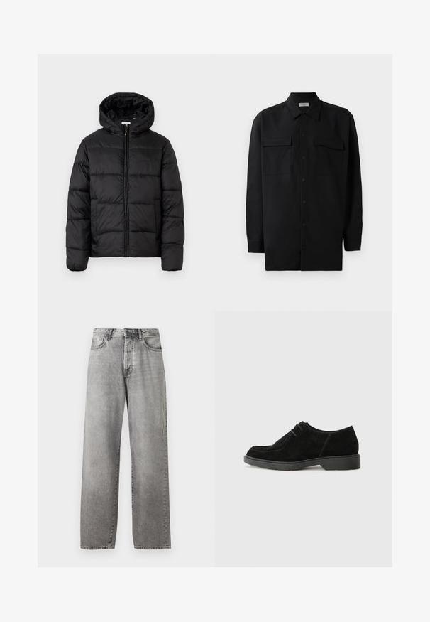 Black puffer jacket with a hood, featuring horizontal quilted panels, zip front closure, and a smooth, shiny texture.; Black button-up shirt made of smooth fabric, featuring a classic collar, two front pockets, and long sleeves with button cuffs.; Grey wide-leg jeans made of denim. Features a high waist, five pockets, and a button and zipper closure. Subtle fading across the fabric.; Black suede dress shoe with a rounded toe, contrasting stitching, and a rubber sole. Features minimal lacing and a smooth upper design.