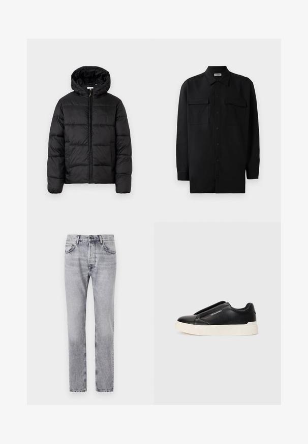 Giacca a vento nera con cappuccio, caratterizzata da pannelli trapuntati orizzontali, chiusura frontale con zip e una texture liscia e lucida.; Camicia nera con bottoni realizzata in tessuto morbido, dotata di colletto classico, due tasche frontali e maniche lunghe con polsini a bottone.; I jeans in denim grigio presentano una vestibilità dritta, cinque tasche e una leggera sfumatura. Chiusura frontale con bottone e zip in metallo.; Sneaker nera slip-on con parte superiore in pelle texturizzata, suola in gomma bianca e senza lacci visibili. Presenta il logo del marchio sul lato.