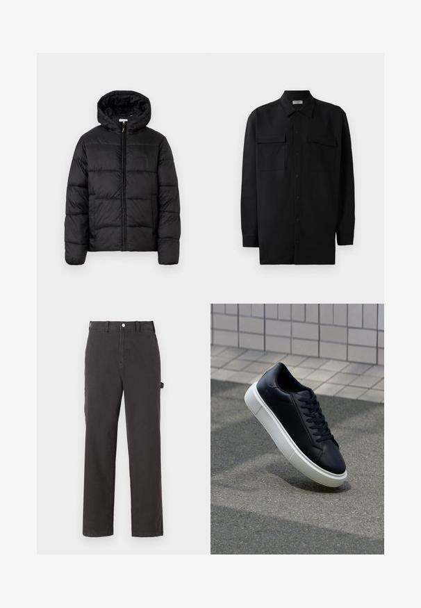 Crna puffer jakna s kapuljačom, koja ima horizontalne kvadratne panele, zatvaranje na zip sprijeda i glatku, sjajnu teksturu.; Crna košulja s dugim rukavima od glatkog materijala, s klasičnom kragnom, dva prednja džepa i dugmadima na manžetama.; Tamno sivi pamučni hlače sa ravnim nogavicama, s prednjim kopčanjem na dugme i bočnim džepovima, napravljene od izdržljivog materijala.; Crne kožne tenisice s zaobljenim vrhom i bijelim gumiranim potplatom. Imaju ravne vezice i minimalno šivanje na gornjem dijelu. Teksturirani potplat za bolje prianjanje.