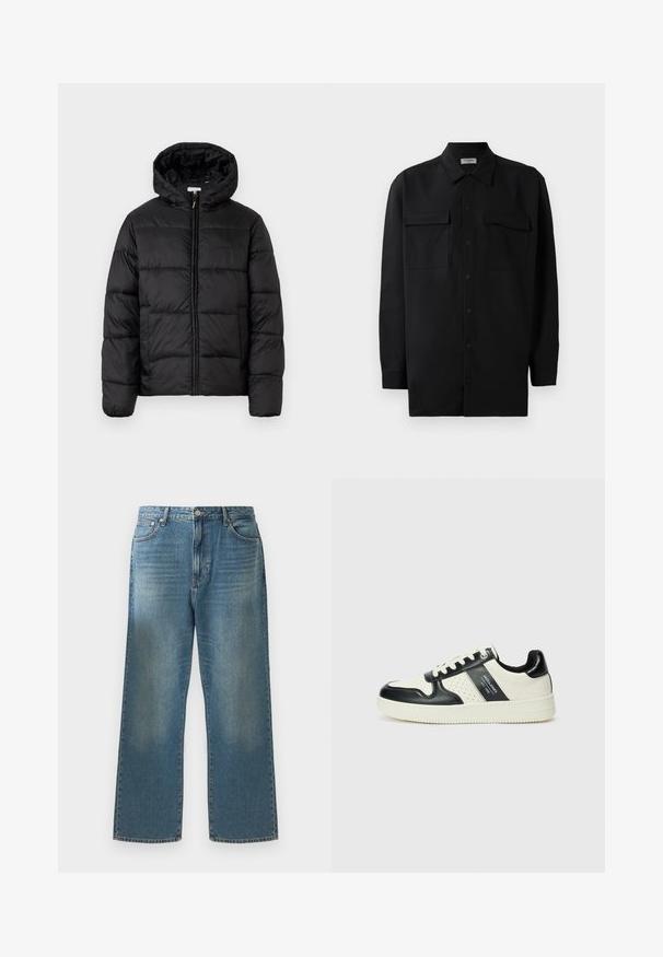 Schwarze Steppjacke mit Kapuze, ausgestattet mit horizontalen Stepppanelen, Reißverschluss vorne und einer glatten, glänzenden Textur.; Schwarzes Hemd mit Knopfleiste aus glattem Stoff, das einen klassischen Kragen, zwei Brusttaschen und lange Ärmel mit Knopfmanschetten aufweist.; Blaue Jeans aus Denim mit weitem Bein, featuring einen ausgewaschenen Look, klassischem Fünf-Taschen-Design und einem Metallknopfverschluss an der Taille.; Leder-Sneaker in Schwarz- und Cremetönen, mit perforierten Akzenten, einem gepolsterten Kragen und einer strukturierten Laufsohle.