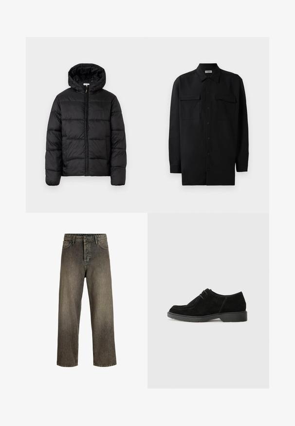 Casaco puffer preto com capuz, apresentando painéis acolchoados horizontais, fecho com zíper na frente e uma textura suave e brilhante.; Camisa preta de botão, feita de um tecido suave, com golas clássicas, dois bolsos frontais e mangas longas com punhos abotoados.; Jeans de perna larga em cinza escuro com um acabamento desgastado, design de cinco bolsos, fecho de botão e passantes para cinto. Feitos de um tecido de denim durável.; Sapato social de camurça preto com bico arredondado, costura contrastante e sola de borracha. Apresenta um sistema de atilho minimalista e um design superior suave.