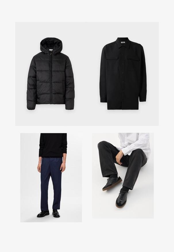 Juodas pūkinis švarkas su kapišonu, su horizontaliai siuvinėtais audinio ruožais, priekyje užsegamas užtrauktuku ir turintis lygią, blizgią tekstūrą.; Juodas marškinis su mygtukais, pagamintas iš lygaus audinio, turi klasikinius apykaklės, du priekiniai kišeniai ir ilgus rankovės su mygtukais.; Tamsiai mėlynos pritaikytos kelnės, pagamintos iš lygios medžiagos, su tiesiu siluetu ir subtiliomis priekiniomis raukšlėmis, derinamos su juodais oficialiais batais.; Juodi sportbačiai su lygiu ir tekstūruotu paviršiumi, turi guminį padas ir tamsias raištelius. Suderinti su juodomis džinsais ir balta juostuota marškinėliais.