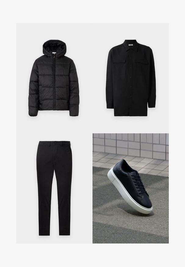 Crna puffer jakna s kapuljačom, koja ima horizontalne kvadratne panele, zatvaranje na zip sprijeda i glatku, sjajnu teksturu.; Crna košulja s dugim rukavima od glatkog materijala, s klasičnom kragnom, dva prednja džepa i dugmadima na manžetama.; Crne chino hlače izrađene od glatke tkanine s ravnim krojem. Imaju prednje kopčanje na gumb i bočne džepove s čistim, minimalističkim dizajnom.; Crne kožne tenisice s zaobljenim vrhom i bijelim gumiranim potplatom. Imaju ravne vezice i minimalno šivanje na gornjem dijelu. Teksturirani potplat za bolje prianjanje.