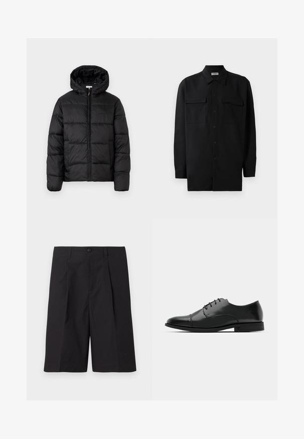 Zwarte pufferjack met een capuchon, met horizontale gestikte panelen, ritssluiting aan de voorkant en een gladde, glanzende textuur.; Zwarte button-up shirt gemaakt van gladde stof, met een klassieke kraag, twee voorzakken en lange mouwen met knopenmanchetten.; Zwarte op maat gemaakte shorts van lichtgewicht stof, met plooien, een knoopsluiting en rechte zoom. Gladde textuur en geen zichtbare patronen.; Zwarte leren dresschoenen met een ronde neus, vetersluiting, subtiele stiksels en een lage hak. Glad oppervlak met gepolijste afwerking.