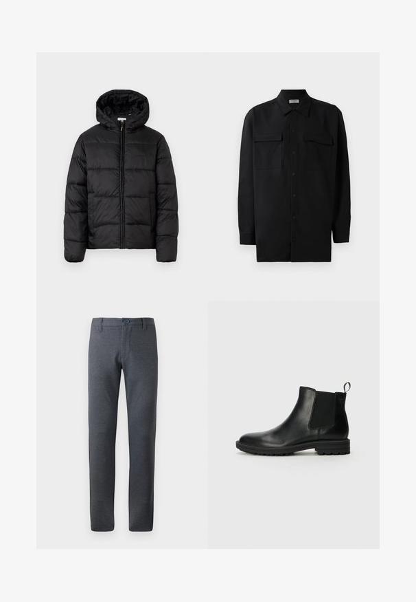 Black puffer jacket with a hood, featuring horizontal quilted panels, zip front closure, and a smooth, shiny texture.; Black button-up shirt made of smooth fabric, featuring a classic collar, two front pockets, and long sleeves with button cuffs.; Gray, textured trousers with a straight fit, featuring a belt loop waistband, front pockets, and a single button closure.; Jack & Jones JFWHOSKINS - Classic ankle boots - anthracite