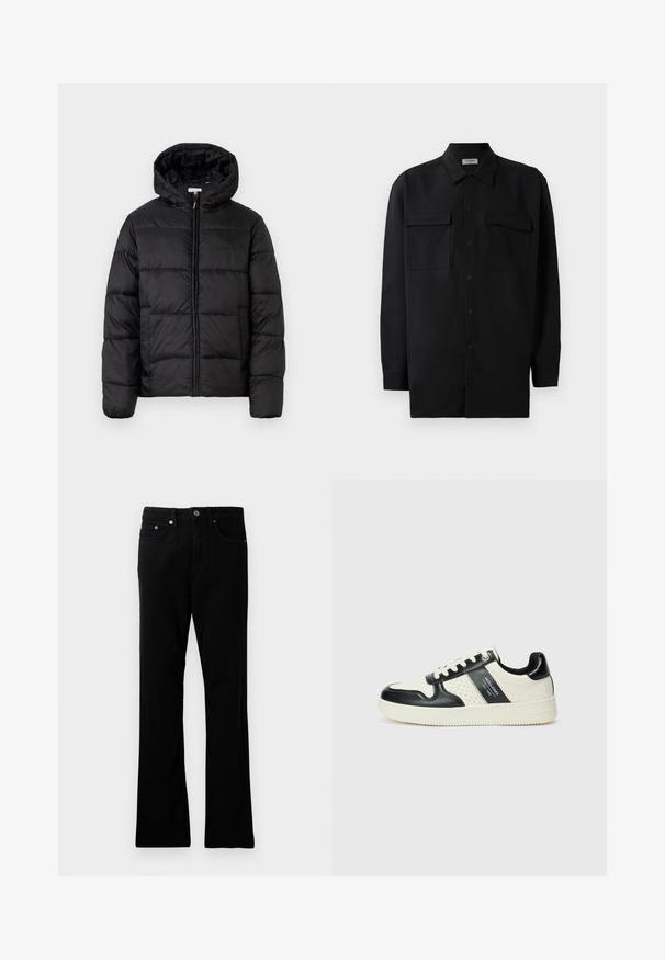 Schwarze Steppjacke mit Kapuze, ausgestattet mit horizontalen Stepppanelen, Reißverschluss vorne und einer glatten, glänzenden Textur.; Schwarzes Hemd mit Knopfleiste aus glattem Stoff, das einen klassischen Kragen, zwei Brusttaschen und lange Ärmel mit Knopfmanschetten aufweist.; Schwarze Jeanshose mit geradem Schnitt, fünf Taschen, Metallknopfverschluss und dezenten Stitching-Details. Glatte Textur und gleichmäßige Farbe.; Leder-Sneaker in Schwarz- und Cremetönen, mit perforierten Akzenten, einem gepolsterten Kragen und einer strukturierten Laufsohle.