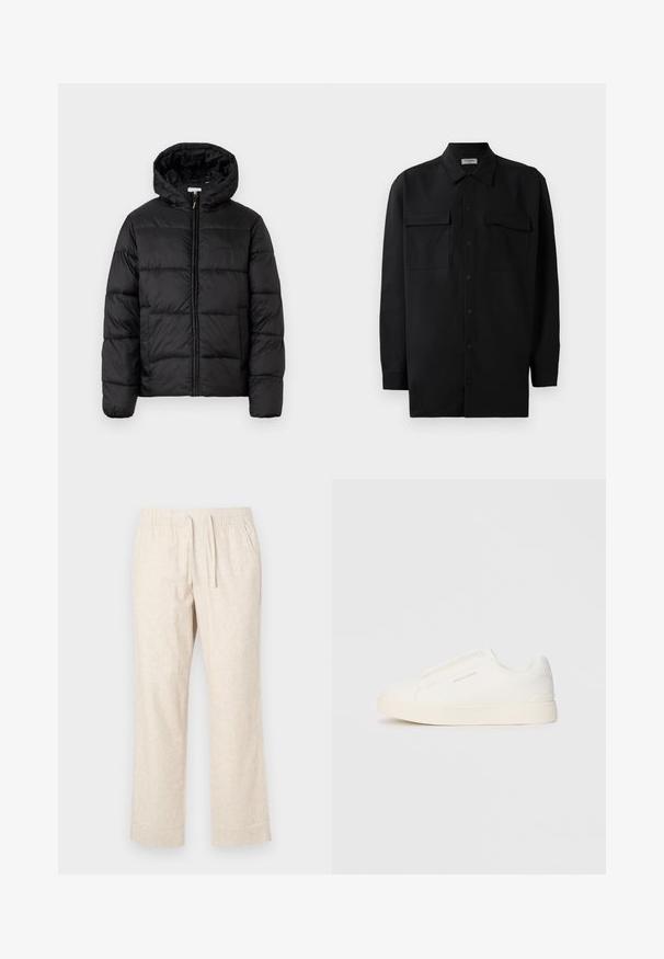 Melnā pūkainā jaka ar kapuci, ar horizontāliem quiltotiem paneļiem, ar rāvējslēdzēju priekšpusē un gludu, spīguļojošu tekstūru.; Melnā pogu krekla, kas izgatavota no gludas auduma, ar klasisku apkakli, divām priekšējām kabatām un garām piedurknēm ar pogu aprocēm.; Beidzis lina bikses ar elastīgu jostasvietu un auklu. Taisna kāju dizains ar vieglu tekstūru un smalku auduma rakstu.; Baltas slip-on sporta apavi ar teksturētu virsmu, biezu zoli un minimālistisku dizainu. Sānos redzams zīmola logotips.