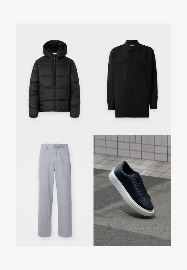 Schwarze Steppjacke mit Kapuze, ausgestattet mit horizontalen Stepppanelen, Reißverschluss vorne und einer glatten, glänzenden Textur.; Schwarzes Hemd mit Knopfleiste aus glattem Stoff, das einen klassischen Kragen, zwei Brusttaschen und lange Ärmel mit Knopfmanschetten aufweist.; Helle graue Denim-Jeans im Straight-Leg-Design, mit fünf Taschen, Gürtelschlaufen und Knopfverschluss. Glatte Textur ohne sichtbare Muster.; Schwarze Leder-Sneaker mit runder Zehenpartie und weißer Gummisohle. Verfügt über flache Schnürsenkel und minimale Nähte im Obermaterial. Strukturiertes Sohlenprofil für besseren Halt.