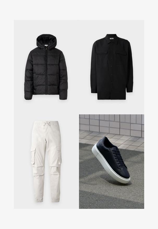 Casaco puffer preto com capuz, apresentando painéis acolchoados horizontais, fecho com zíper na frente e uma textura suave e brilhante.; Camisa preta de botão, feita de um tecido suave, com golas clássicas, dois bolsos frontais e mangas longas com punhos abotoados.; Calças cargo bege claro com cintura elástica, cordão, bolsos laterais e punhos ajustados. Feitas de um tecido leve e suave.; Sapatilha de couro preto com bico arredondado e sola de borracha branca. Apresenta atacadores planos e costuras mínimas na parte superior. Sola texturizada para melhor aderência.