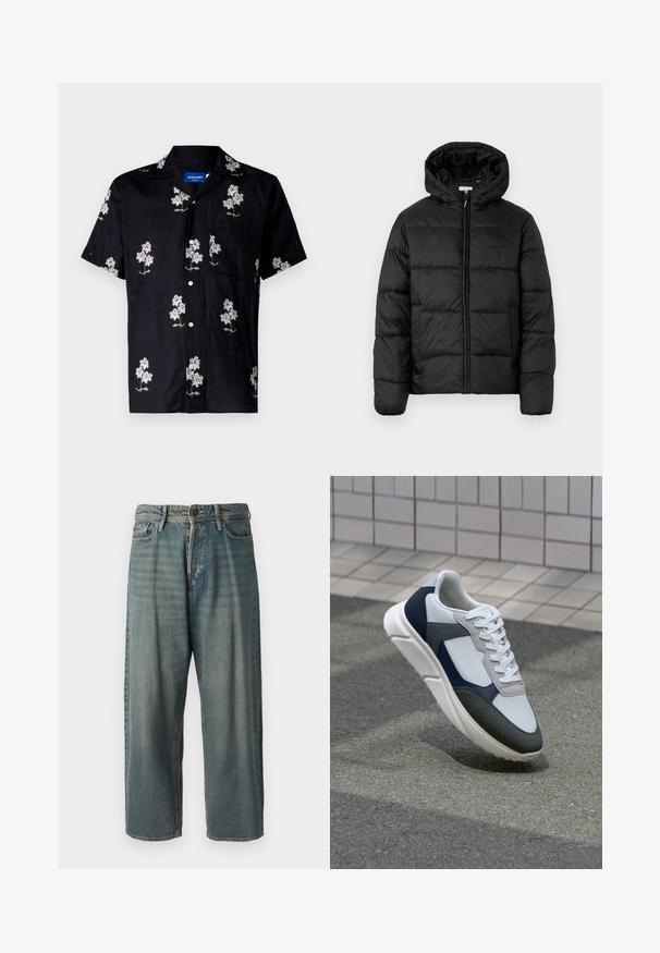 Giacca a vento nera con cappuccio, caratterizzata da pannelli trapuntati orizzontali, chiusura frontale con zip e una texture liscia e lucida.; Camicetta nera a maniche corte con un motivo floreale ricamato in bianco e oro, chiusura con bottoni e taschino sul petto. Tessuto strutturato.; Jeans di denim azzurro chiaro con vestibilità ampia, vita media e gambe dritte. Presenta cinque tasche, passanti per cintura e chiusura con bottone.; Sneaker bianca, blu navy e grigia con un design a materiali misti, caratterizzata da una tomaia testurizzata, lacci piatti e una suola imbottita.