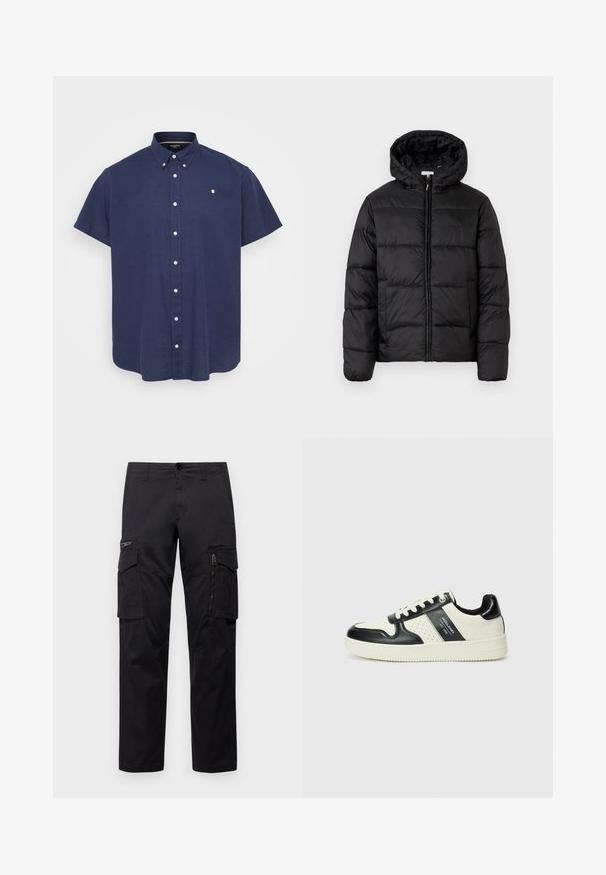 Zwarte pufferjack met een capuchon, met horizontale gestikte panelen, ritssluiting aan de voorkant en een gladde, glanzende textuur.; Korte mouw, navyblauwe overhemd met knopen en een kraag, met witte knopen en een klein logo op de linkerkant van de borst. Van katoen.; Zwarte cargobroek met meerdere zakken, een ritszak op de dij, rechte pasvorm en stevige katoen met een subtiele glans.; Leren sneakers met een zwart en crèmekleurig kleurenschema, voorzien van geperforeerde accenten, een gevoerde kraag en een gestructureerde buitenzool.
