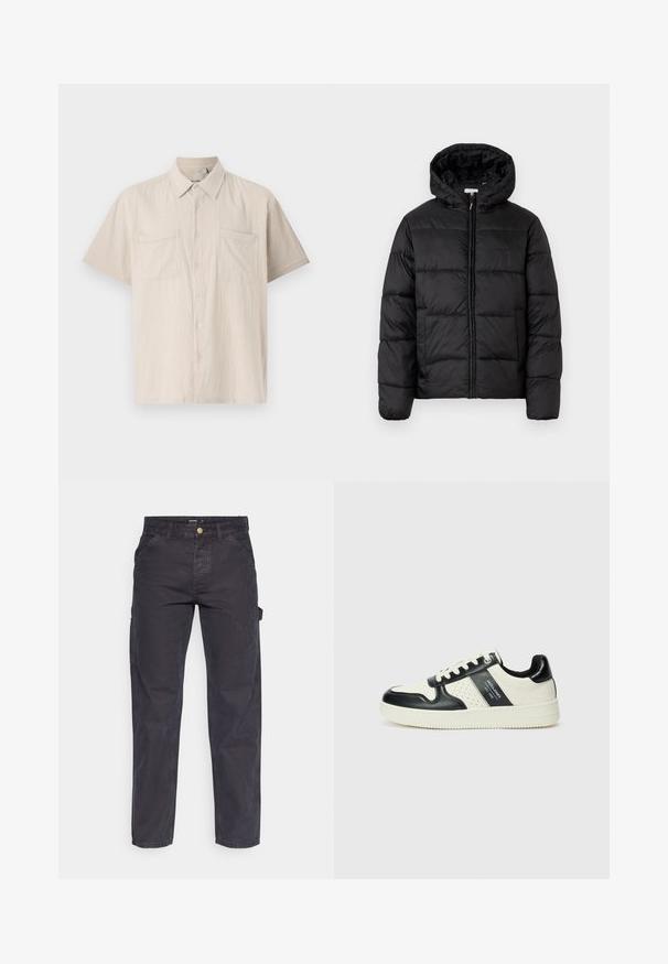 Zwarte pufferjack met een capuchon, met horizontale gestikte panelen, ritssluiting aan de voorkant en een gladde, glanzende textuur.; Korte mouwen overhemd met knopen in lichtbeige met een gestructureerde stof, twee borstzakken aan de voorkant en een puntige kraag.; Donkergrijze cargobroek van duurzaam materiaal, met een rechte pijp, vijf zakken en een knoopsluiting in de taille.; Leren sneakers met een zwart en crèmekleurig kleurenschema, voorzien van geperforeerde accenten, een gevoerde kraag en een gestructureerde buitenzool.