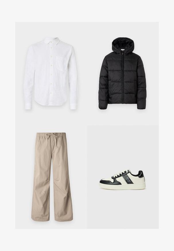 Svart puffjakke med hette, med horisontale quiltpaneler, glidelås foran og en glatt, shiny tekstur.; Hvitt lin-langermet skjorte med knapp-ned krage, frontlomme og perleaktige knapper. Har en buet kant og teksturert stoff.; Beige vide bukser med elastisk talje og snøre. Glat tekstur, to sidelommer og minimale syninger for en afslappet pasform.; Lædersneakers med sort og creme farveskema, der har perforerede detaljer, en polstret krave og en struktureret ydersål.
