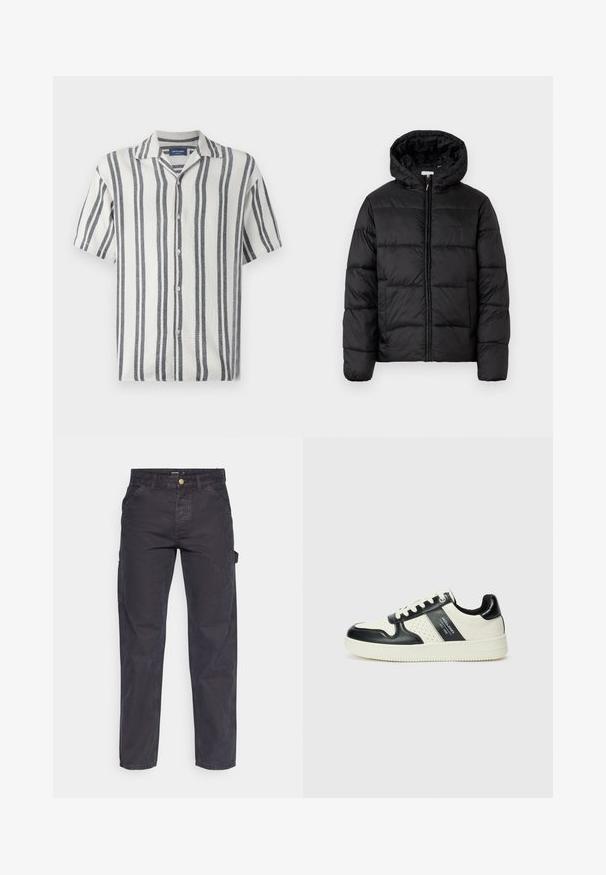 Mustapukuinen puhvijakku, jossa on huppu, vaakasuorat tikatut paneelit, vetoketjukiinnitys ja sileä, kiiltävä pinta.; Lyhythihainen paita, joka on valmistettu teksturoidusta kankaasta, jossa on valkoisia ja tummansinisiä pystysuoria raidoja. Paidassa on lovettu kaulus ja nappikiinnitys.; Tummanharmaat cargo-housut, jotka on valmistettu kestävästä kankaasta. Niissä on suora lahkeellinen leikkaus, viisi taskua ja nappikiinnitys vyötäröllä.; Nahkakengät musta-kerma värimaailmassa, joissa on rei'itetyt yksityiskohdat, pehmustettu nilkkaosa ja teksturoitu pohja.