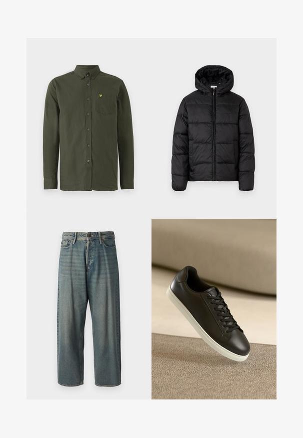 Black puffer jacket with a hood, featuring horizontal quilted panels, zip front closure, and a smooth, shiny texture.; Dark green long-sleeve button-up shirt with button-down collar, chest pocket, and small yellow embroidered bird logo on pocket.; Light blue denim jeans with a loose fit, mid-rise waist, and straight legs. Features five pockets, belt loops, and a button closure.; Black leather sneaker with white rubber sole and black laces, positioned against a beige fabric surface and background.