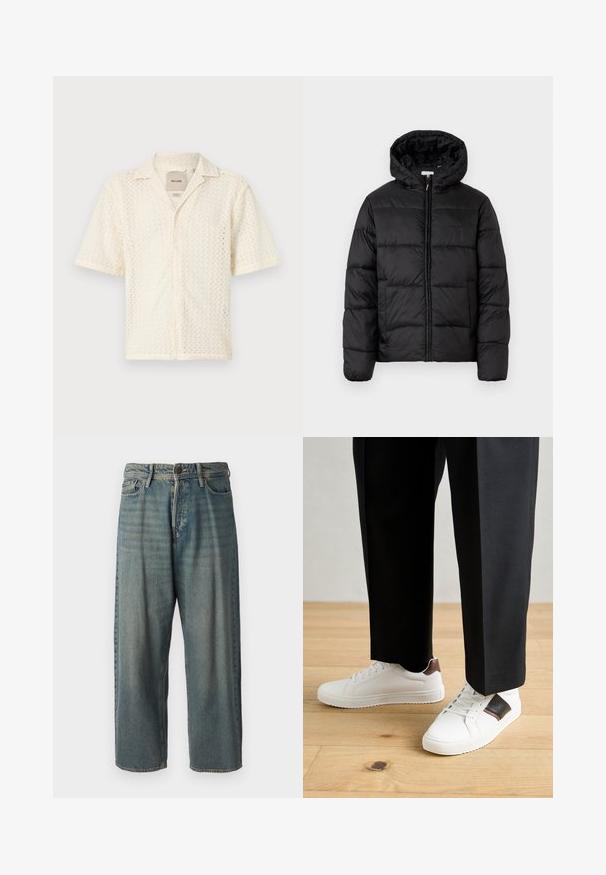 Veste matelassée noire avec capuche, présentant des panneaux matelassés horizontaux, un devant zippé et une texture lisse et brillante.; Chemise à manches courtes de couleur crème fabriquée en tissu texturé avec un motif en zigzag et un boutonnage sur le devant. Elle présente un col classique et une poche.; Jeans en denim bleu clair avec une coupe ample, taille mi-haute et jambes droites. Comprend cinq poches, des passants de ceinture et une fermeture à bouton.; Des sneakers blanches au texture lisse, avec des accents en cuir marron et des détails noirs, assorties à un pantalon noir ajusté. Fond en parquet.