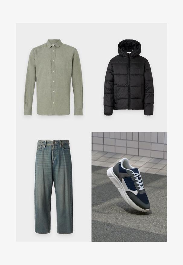 Giacca a vento nera con cappuccio, caratterizzata da pannelli trapuntati orizzontali, chiusura frontale con zip e una texture liscia e lucida.; Camicia a maniche lunghe con colletto di colore verde chiaro, realizzata in tessuto testurizzato, con chiusura completa a bottoni e orlo dritto.; Jeans di denim azzurro chiaro con vestibilità ampia, vita media e gambe dritte. Presenta cinque tasche, passanti per cintura e chiusura con bottone.; Sneaker con tomaia in rete blu navy, inserti in suede grigio, suola in gomma bianca e lacci bianchi piatti, progettata per comfort e traspirabilità.