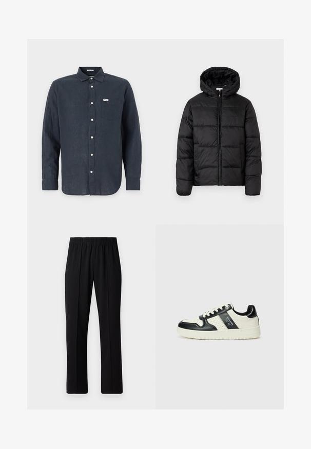 Fekete puffermellény kapucnival, vízszintes steppelésekkel, cipzáros elülső záródással és sima, fényes felülettel.; Sötétkék, hosszú ujjú ing, amely lenből készült, gombolható gallérral, elülső zsebbel és fehér gombokkal rendelkezik. A zsebben Wrangler logó található.; Fekete, gumíros derekú nadrág egyenes szabással, sima felülettel, látható minták vagy fémrészek nélkül.; Fekete és krém színű bőrsneaker, perforált díszítésekkel, párnázott bokapánttal és texturált talppal.