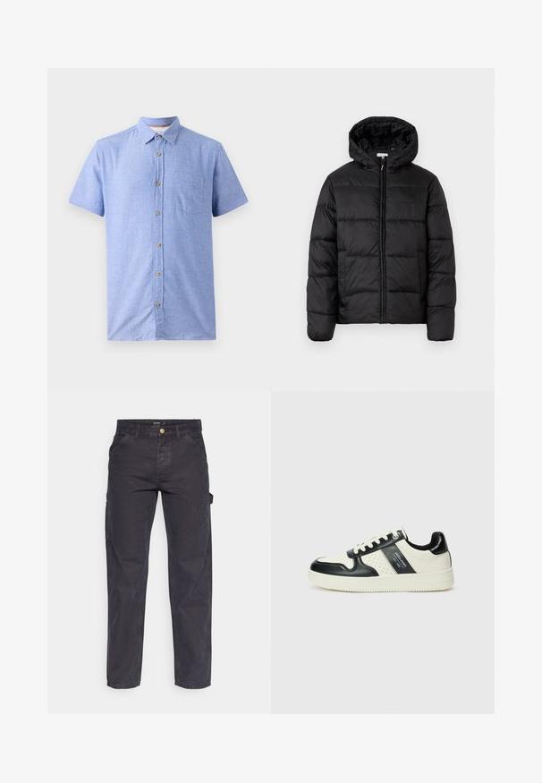 Giacca a vento nera con cappuccio, caratterizzata da pannelli trapuntati orizzontali, chiusura frontale con zip e una texture liscia e lucida.; Camicia a maniche corte realizzata in un tessuto azzurro chiaro con un motivo a scacchi, dotata di una chiusura con bottoni sul davanti e di una tasca sul petto.; Pantaloni cargo grigio scuro realizzati in tessuto resistente, con un taglio dritto, cinque tasche e chiusura a bottoni in vita.; Sneakers in pelle con una combinazione di colori nero e crema, dotati di dettagli perforati, collare imbottito e suola testurizzata.
