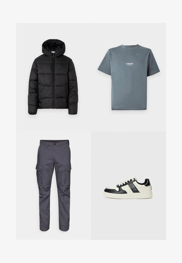 Μαύρο μπουφάν με κουκούλα, με οριζόντια καπιτονέ πάνελ, κλείσιμο με φερμουάρ μπροστά και λεία, γυαλιστερή υφή.; Γκρι βαμβακερή μπλούζα με κοντό μανίκι και στρογγυλή λαιμόκοψη, με μικρό λευκό λογότυπο "JJ Studios" στο στήθος. Λείο υλικό και άνετη εφαρμογή.; Γκρι cargo παντελόνι με ίσια γραμμή, κατασκευασμένο από ελαφρύ ύφασμα, με πλευρικές τσέπες και κούμπωμα με κουμπί στη μέση.; Δερμάτινα sneakers με μαύρο και κρεμ χρωματικό σχέδιο, με διάτρητες λεπτομέρειες, επενδεδυμένο κολάρο και υφή στη σόλα.