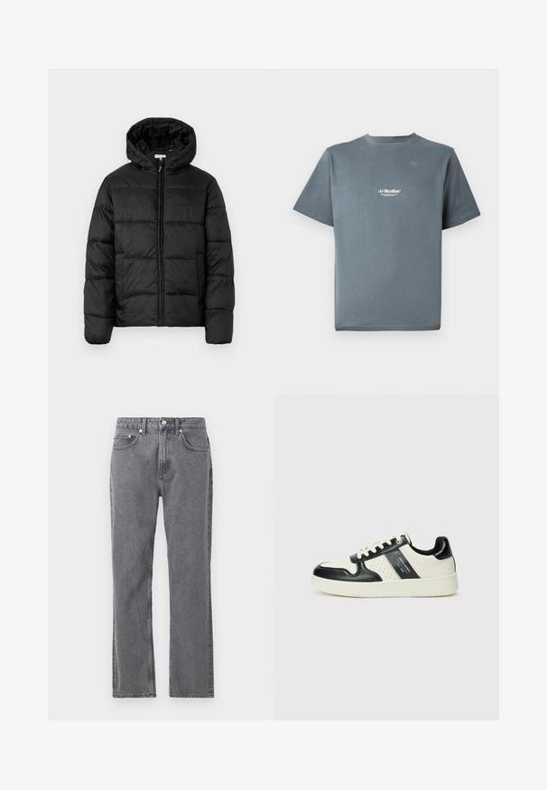 Fekete puffermellény kapucnival, vízszintes steppelésekkel, cipzáros elülső záródással és sima, fényes felülettel.; Szürke pamut póló, kerek nyakkal, rövid ujjakkal és egy kis fehér "JJ Studios" logóval a mellkason. Simogatós textúra és laza szabás.; Szürke farmernadrág egyenes lábbal, öt zsebbel és gombos záródással. Finom kopásnyomokkal és kontrasztos varrással rendelkezik.; Fekete és krém színű bőrsneaker, perforált díszítésekkel, párnázott bokapánttal és texturált talppal.