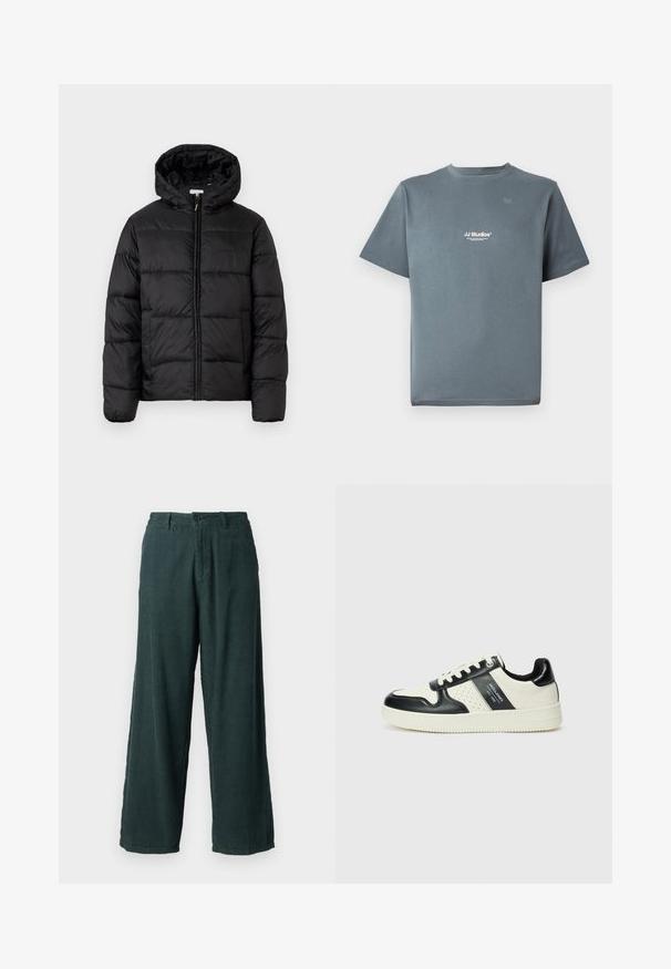 Čierna prešívaná bunda s kapucňou, s horizontálnymi prešívanými panelmi, so zipsom vpredu a hladkou, lesklou textúrou.; Šedé bavlnené tričko s okrúhlym výstrihom, krátkymi rukávmi a malým bielym logom "JJ Studios" na hrudníku. Hladká textúra a voľný strih.; Zelené kordové nohavice širokého strihu s rovnými nohavicami; majú zapínanie na gombík a dve bočné vrecká. Tkanina s textúrou a rebrovanou štruktúrou.; Kožené tenisky v čierno-krémovej farbe, s perforovanými akcentmi, polstrovaným golierom a štruktúrovanou podrážkou.