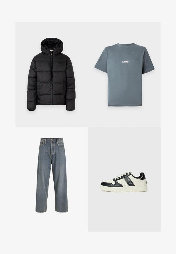 Musternaturmustar coat mustelhoovaga, hrisontaalsete tikandi paneelidega, tõmbluku ees sulgemisega ja sujuva, läikiva tekstuuriga.; Hall hõbe puuvillane T-särk ümarate kaelustega, lühikeste varrukatega ja väikese valge "JJ Studios" logoga rinnal. Sile tekstuur ja mugav lõige.; Heledad helesinine laiemate jalgadega teksapüksid kõrge vöökoha, viie tasku disaini ja nähtava õmblusega. Pehme tekstuur ja kergelt tuhmuma hakanud välimus.; Nahatud nahkkingad musta ja kreemi värviskeemiga, millel on perforeeritud aktsendid, pehme krae ja tekstureeritud tallad.