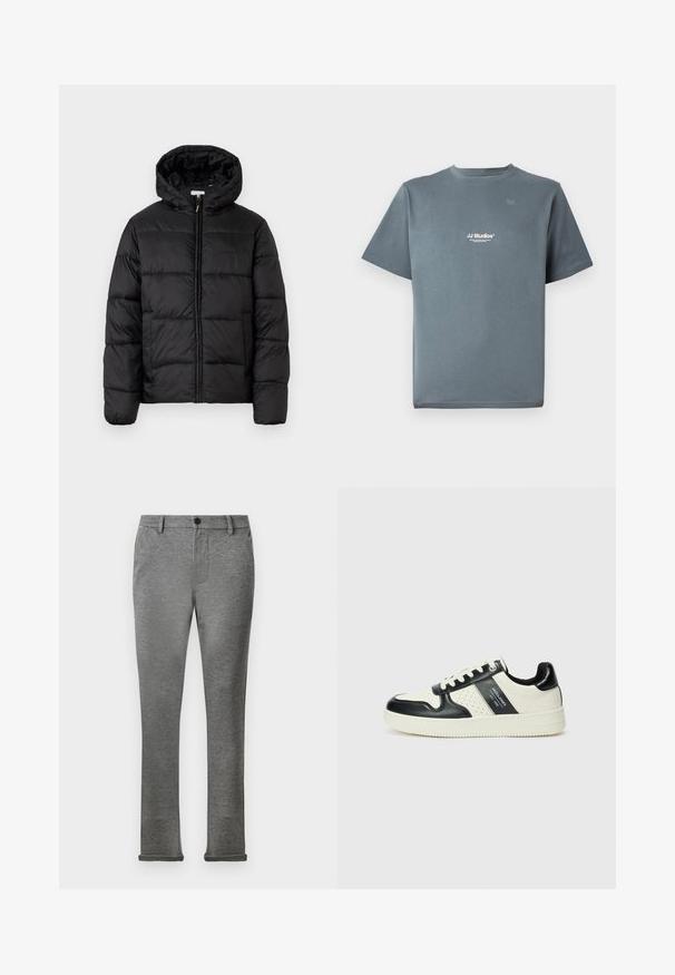 Casaco puffer preto com capuz, apresentando painéis acolchoados horizontais, fecho com zíper na frente e uma textura suave e brilhante.; T-shirt cinza de algodão com decote redondo, mangas curtas e um pequeno logótipo branco "JJ Studios" no peito. Textura suave e corte descontraído.; Calças cinzentas de corte slim feitas de um tecido macio com uma textura subtil. Apresentam um fecho de botão e bainhas com dobra para um visual refinado.; Ténis de couro com um esquema de cores em preto e creme, apresentando detalhes perfurados, um colarinho acolchoado e uma sola texturizada.
