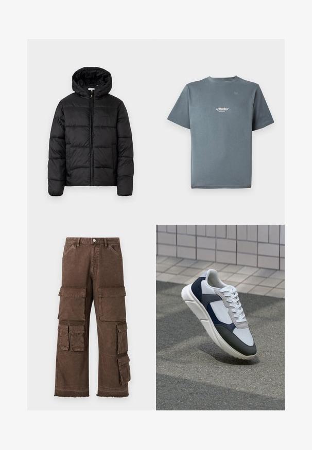Zwarte pufferjack met een capuchon, met horizontale gestikte panelen, ritssluiting aan de voorkant en een gladde, glanzende textuur.; Grijze katoenen t-shirt met ronde hals, korte mouwen en een klein wit "JJ Studios" logo op de borst. Soepele textuur en een relaxte pasvorm.; Bruine cargo-broeken met een losse pasvorm, meerdere zijzakken en een rafelige zoom. Gemaakt van stevig, gestructureerd materiaal voor duurzaamheid.; Witte, marineblauwe en grijze sneaker met een gemengde materiaald ontwerp, met een gestructureerde bovenkant, platte veters en een gevoerde zool.