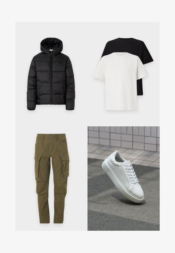 Čierna prešívaná bunda s kapucňou, s horizontálnymi prešívanými panelmi, so zipsom vpredu a hladkou, lesklou textúrou.; Bavlnená súprava tričiek, ktorá obsahuje čierne tričko a biele tričko, obe s krátkymi rukávmi, okrúhlym výstrihom a štandardným strihom. Textúrovaná látka.; Olive zelené cargo nohavice vyrobené z ľahkej látky, s viacerými veľkými vreckami, zipsovým vreckom a rovnými nohavicami.; Biele kožené tenisky s hladkým povrchom, okrúhlym špičkou a plochými bielymi šnúrkami. Obsahuje štruktúrovanú gumovú podrážku a minimalistický dizajn.