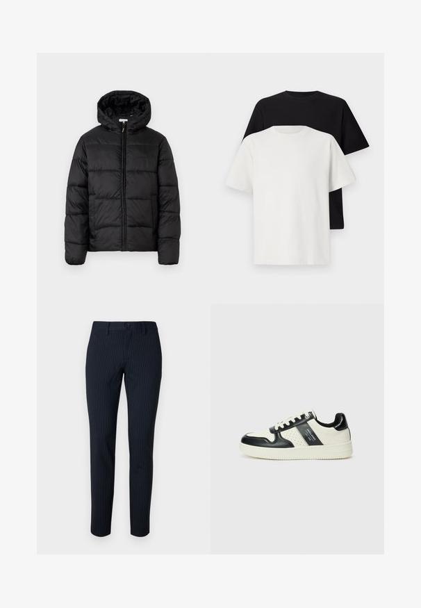Zwarte pufferjack met een capuchon, met horizontale gestikte panelen, ritssluiting aan de voorkant en een gladde, glanzende textuur.; Katoenen T-shirt set met een zwarte top en een witte top, beide met korte mouwen, ronde hals en een standaard pasvorm. Textuurstof.; Marineblauwe broek met dunne verticale strepen, gemaakt van een soepele stof. Voorzien van een knoopsluiting en een getailleerde pasvorm met rechte pijpen.; Leren sneakers met een zwart en crèmekleurig kleurenschema, voorzien van geperforeerde accenten, een gevoerde kraag en een gestructureerde buitenzool.