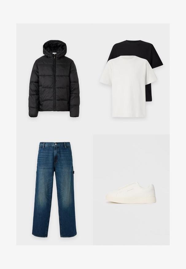 Casaco puffer preto com capuz, apresentando painéis acolchoados horizontais, fecho com zíper na frente e uma textura suave e brilhante.; Conjunto de t-shirts em algodão, com uma preta e uma branca, ambas com mangas curtas, decote redondo e corte standard. Tecido texturizado.; Calças de denim azul de perna larga com acentos desbotados, apresentando um fecho tradicional de botão e zipper, e um bolso lateral do lado esquerdo.; Sapatilhas brancas de atacar com uma superfície texturizada, sola grossa e design minimalista. Possui o logo da marca na lateral.