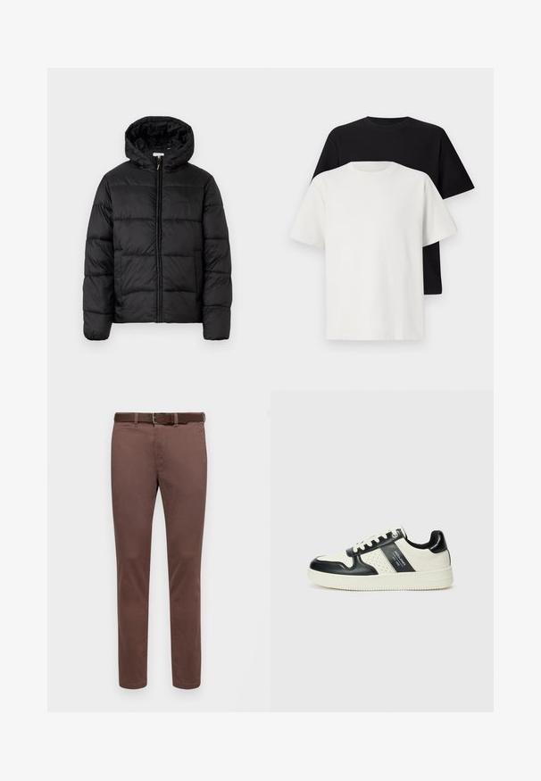 Juodas pūkinis švarkas su kapišonu, su horizontaliai siuvinėtais audinio ruožais, priekyje užsegamas užtrauktuku ir turintis lygią, blizgią tekstūrą.; Medvilniniai marškiniai, kuriuos sudaro juodas ir baltas marškinėliai, abu su trumpomis rankovėmis, apvaliu iškirpimu ir standartiniu sijonu. Tekstūruota medžiaga.; Rudos medvilnės kelnes su tiesiu kirpimu, turinčiu lygų paviršių ir atitinkamą diržą. Be matomų raštų ar akcentų.; Odiniai sportbačiai juodos ir kreminės spalvų schemoje, su perforuotais akcentais, paminkštinta apykakle ir tekstūruotu padu.