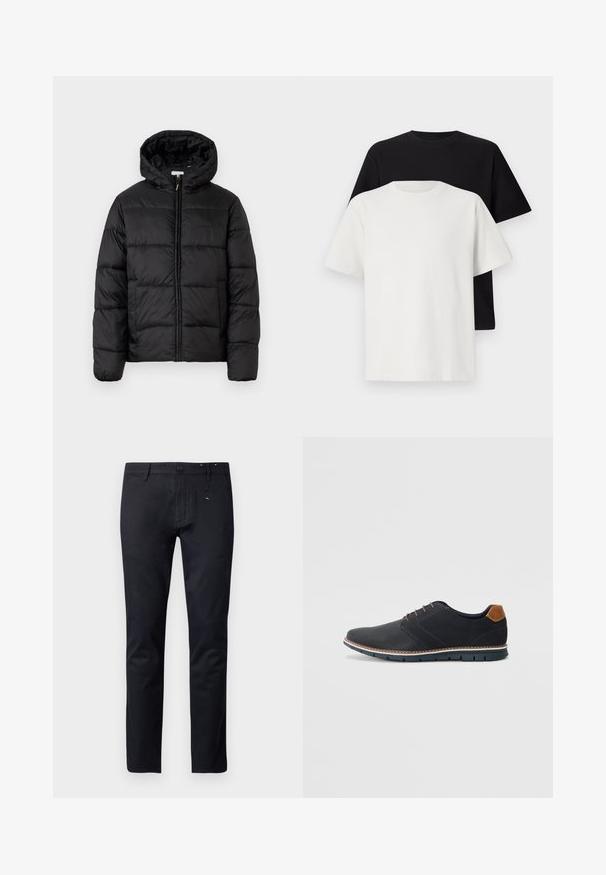 Crna puffer jakna s kapuljačom, koja ima horizontalne kvadratne panele, zatvaranje na zip sprijeda i glatku, sjajnu teksturu.; Set pamučnih majica koji uključuje crnu i bijelu majicu, obje s kratkim rukavima, okruglim izrezom i klasičnim krojem. Tekstura tkanine.; Crne pamučne hlače s ravnim krojem, petljama za remen i kopčanjem na gumb. Imaju suptilne šavove blizu struka.; Crne sintetičke cipele s teksturiranim gornjim dijelom, glatkim akcentima, smešnim petom i kontrastnom potplatom. Imaju minimalne vezice i detalje šivanja.