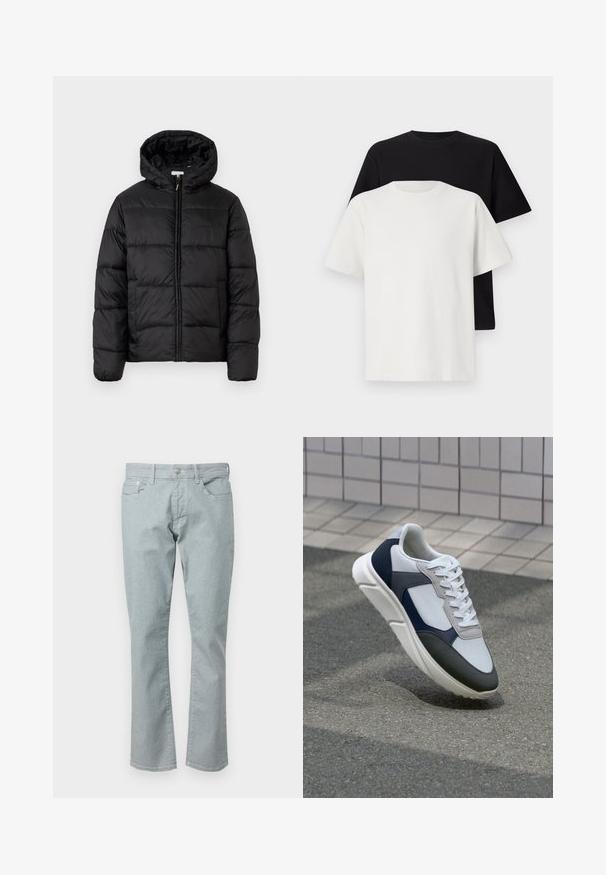 Chaqueta de plumas negra con capucha, que presenta paneles acolchados horizontales, cierre frontal con cremallera y una textura suave y brillante.; Conjunto de camisetas de algodón que incluye una camiseta negra y una blanca, ambas con mangas cortas, escote redondo y corte estándar. Tejido texturizado.; Vaqueros de mezclilla azul claro con un corte recto, cinco bolsillos, cremallera y una textura sutil. Presenta presillas para cinturón y costuras en contraste.; Zapatilla blanca, azul marino y gris con un diseño de materiales mixtos, que presenta una parte superior texturizada, cordones planos y una suela acolchada.