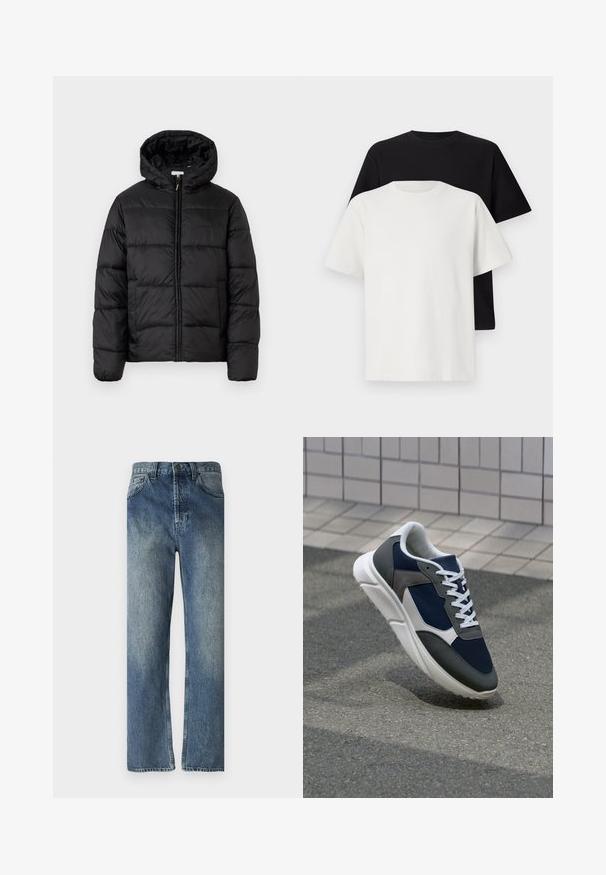Μαύρο μπουφάν με κουκούλα, με οριζόντια καπιτονέ πάνελ, κλείσιμο με φερμουάρ μπροστά και λεία, γυαλιστερή υφή.; Σετ βαμβακερών μπλούζων με σκούρο μπλουζάκι και λευκό μπλουζάκι, και τα δύο με κοντά μανίκια, στρογγυλή λαιμόκοψη και κανονική εφαρμογή. Υφασμάτινη υφή.; Μπλε τζιν παντελόνι με ίσια γραμμή, με ξεθωριασμένο ύφασμα, θηλιές ζώνης, μπροστινές τσέπες και μία πίσω τσέπη.; Αθλητικά παπούτσια με επάνω μέρος από ναυτικό μπλε διχτυωτό ύφασμα, γκρι σουέτ λεπτομέρειες, λευκή καουτσούκ σόλα και επίπεδα λευκά κορδόνια, σχεδιασμένα για άνεση και αερισμό.