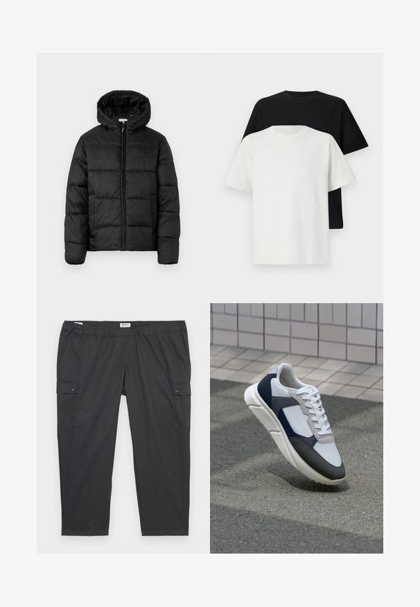 Black puffer jacket with a hood, featuring horizontal quilted panels, zip front closure, and a smooth, shiny texture.; Cotton t-shirt set featuring a black top and a white top, both with short sleeves, round neckline, and standard fit. Textured fabric.; Black cargo pants with an elastic waistband, side pockets, and snap button accents. Made of lightweight, smooth fabric.; White, navy, and gray sneaker with a mixed material design, featuring a textured upper, flat laces, and a cushioned sole.