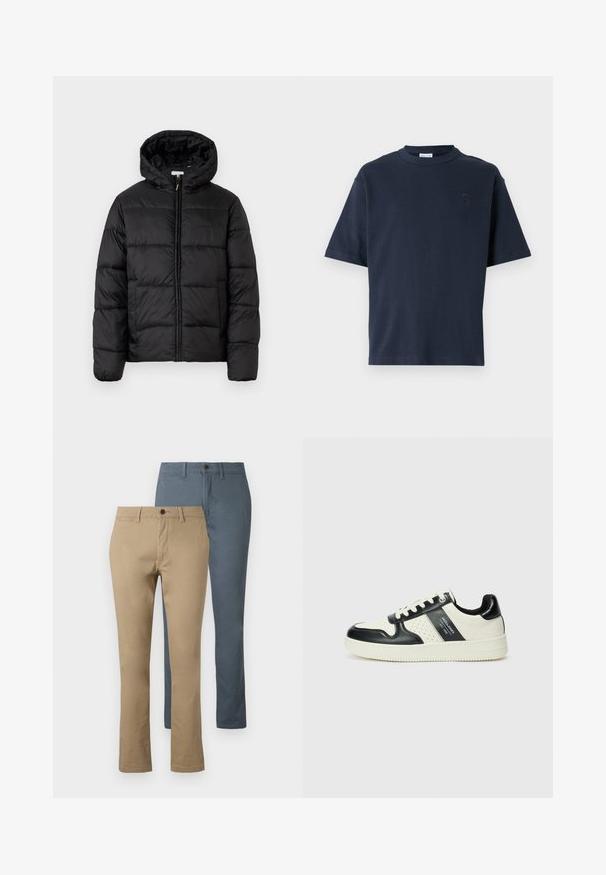 Mustapukuinen puhvijakku, jossa on huppu, vaakasuorat tikatut paneelit, vetoketjukiinnitys ja sileä, kiiltävä pinta.; T-paita, jossa on lyhyet hihat, tummansinisestä puuvillasta. Ominaisuuksia ovat pyöreä kaula-aukko ja hillitty logo rinnassa. Suora leikattu malli ilman kuvioita.; Kaksi paria suoria housuja: yksi khakinvärinen ja yksi tummansininen. Valmistettu puuvillasta; sisältää vyötärönauhan ja nappisulkemisen.; Nahkakengät musta-kerma värimaailmassa, joissa on rei'itetyt yksityiskohdat, pehmustettu nilkkaosa ja teksturoitu pohja.