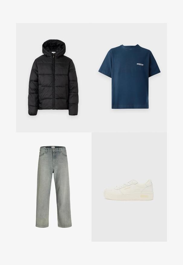 Chaqueta de plumas negra con capucha, que presenta paneles acolchados horizontales, cierre frontal con cremallera y una textura suave y brillante.; Camiseta de algodón azul marino con mangas cortas y un cuello redondo. Presenta un pequeño logo blanco en la parte izquierda del pecho. Textura suave.; Vaqueros de mezclilla de un gris claro y corte holgado. Presentan un diseño clásico de cinco bolsillos, pasadores de cinturón y una silueta de pierna recta.; Replay EPIC HIGH - Zapatillas - white