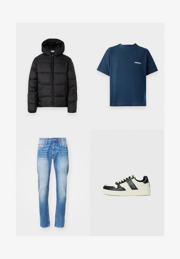 Čierna prešívaná bunda s kapucňou, s horizontálnymi prešívanými panelmi, so zipsom vpredu a hladkou, lesklou textúrou.; Námornícky modré bavlnené tričko s krátkymi rukávmi a okrúhlym výstrihom. Obsahuje malé biele logo na ľavej strane hrudníka. Mäkká textúra.; Svetlomodré džínsy s úzkym strihom, s vyblednutými miestami, s poškodeným miestom na ľavnom kolene a s piatimi vreckami.; Kožené tenisky v čierno-krémovej farbe, s perforovanými akcentmi, polstrovaným golierom a štruktúrovanou podrážkou.