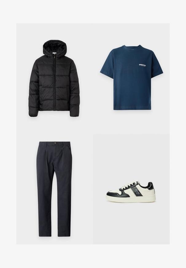 Črna pufasta bunda s kapuco, ki ima vodoravne prešite plošče, sprednje zapiranje na zadrgo in gladko, sijočo teksturo.; Temno modra bombažna majica s kratkimi rokavi in okroglim izrezom. Ima majhen beli logotip na levi strani prsnega predela. Mehek material.; Temno sivi hlače iz bombažnega blaga. Imajo nabran sprednji del, gumbno zapiranje in dva stranska žepa. Ravnina nog je ravna.; Usnjeni športni čevlji z črno in krem barvno shemo, ki vključujejo perforirane dodatke, podložen ovratnik in strukturirano podplat.