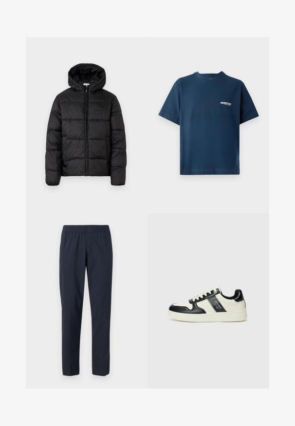 Zwarte pufferjack met een capuchon, met horizontale gestikte panelen, ritssluiting aan de voorkant en een gladde, glanzende textuur.; Navyblauw katoenen T-shirt met korte mouwen en een ronde hals. Heeft een klein wit logo op de linkerborst. Zachte textuur.; Marineblauwe broek met een elastische tailleband, rechte pijpen, lichte stof en geen zichtbare zakken of versieringen.; Leren sneakers met een zwart en crèmekleurig kleurenschema, voorzien van geperforeerde accenten, een gevoerde kraag en een gestructureerde buitenzool.
