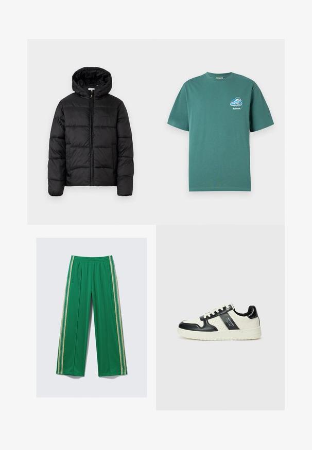 Sort pufferjakke med hætte, med vandrette quiltede paneler, lynlåslukning foran og en glat, skinnende tekstur.; Grøn bomulds T-shirt med korte ærmer, prydet med et lille, farverigt grafikdesign på venstre bryst. Let og regular fit.; Grønne bukser med vide ben lavet af glat stof, med elastisk taljebånd og kontrasterende gule sidelister med zigzagmønster.; Lædersneakers i sort og creme farveskema, med perforerede detaljer, en polstret krave og en struktureret ydersål.