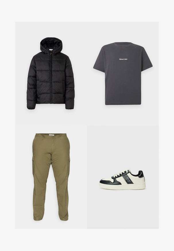 Čierna prešívaná bunda s kapucňou, s horizontálnymi prešívanými panelmi, so zipsom vpredu a hladkou, lesklou textúrou.; Tmavo sivé bavlnené tričko s krátkymi rukávmi, okrúhlym výstrihom a bielym vyšitým nápisom "Original Studio" na hrudi. Jednoduchý dizajn.; Olivový zelené cargo nohavice vyrobené z bavlnenej zmesi, s bočnými vreckami, pútkami na opasok a rovnými nohavicami. Hladká textúra.; Kožené tenisky v čierno-krémovej farbe, s perforovanými akcentmi, polstrovaným golierom a štruktúrovanou podrážkou.