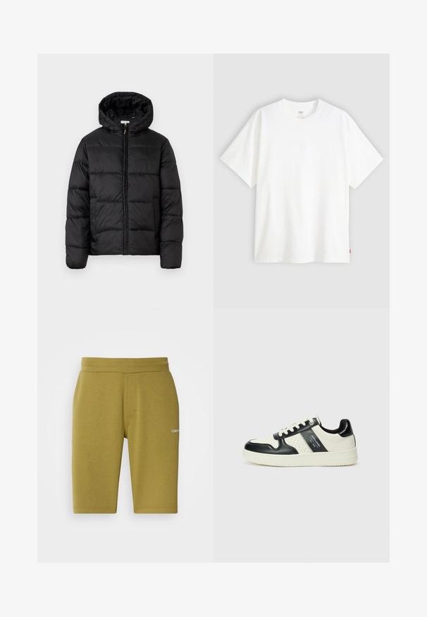 Jachetă puffer neagră cu glugă, cu panouri quilted orizontale, închidere prin fermoar și o textură netedă, lucioasă.; Tricou alb cu mânecă scurtă, confecționat din bumbac, cu gât rotund. Prezintă un detaliu logo subtil embosat pe față și un etichetă roșie la tiv.; Shorts de culoare verde măsliniu, confecționați dintr-un amestec de bumbac moale, având o textură netedă, talie elastică și un logo discret pe partea stângă.; Tenisi din piele cu un scheme de culori negru și crem, dotati cu accente perforate, guler căptușit și o talpă texturată.