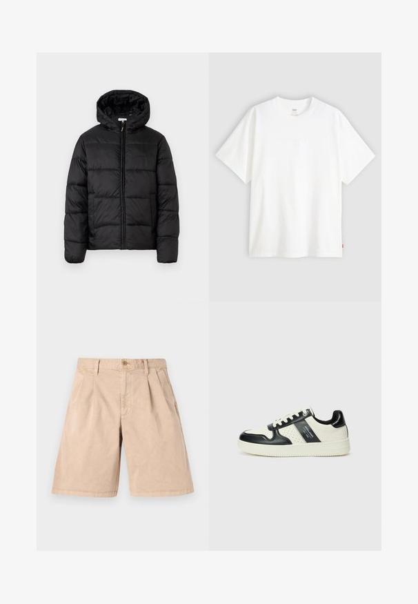 Musternaturmustar coat mustelhoovaga, hrisontaalsete tikandi paneelidega, tõmbluku ees sulgemisega ja sujuva, läikiva tekstuuriga.; Valge lühikeste varrukatega puuvillane T-särk, millel on ümmargune kaelus. Ees on peene reljeefse logoga detail ja hemmi peal punane silt.; Beige puhvete, mis on valmistatud puuvillast, sirge lõikega, volditud ees, küljetaskute ja ühe nupuga vöökohal.; Nahatud nahkkingad musta ja kreemi värviskeemiga, millel on perforeeritud aktsendid, pehme krae ja tekstureeritud tallad.