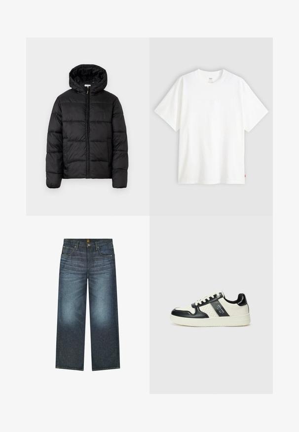 Casaco puffer preto com capuz, apresentando painéis acolchoados horizontais, fecho com zíper na frente e uma textura suave e brilhante.; T-shirt branca de manga curta, feita de algodão, com decote redondo. Apresenta um discreto detalhe de logotipo em relevo na frente e uma etiqueta vermelha na bainha.; Jeans largos de cor azul escuro, feitos de denim, com cinco bolsos, costura em contraste e fecho com botão na cintura.; Ténis de couro com um esquema de cores em preto e creme, apresentando detalhes perfurados, um colarinho acolchoado e uma sola texturizada.
