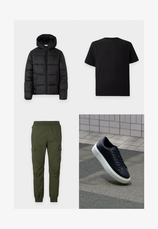 Čierna prešívaná bunda s kapucňou, s horizontálnymi prešívanými panelmi, so zipsom vpredu a hladkou, lesklou textúrou.; Čierne tričko s krátkym rukávom vyrobené z textúrovanej látky, s okrúhlym výstrihom a voľným strihom. Jednoduché, bez vzorov alebo akcentov.; Olivovo zelené cargo nohavice s elastickým pásom, bočnými vreckami a manžetami na členkoch; vyrobené z odolného materiálu s hladkým povrchom.; Čierne kožené tenisky s okrúhlou špičkou a bielou gumovou podrážkou. Majú ploché šnúrky a minimálne šitie na vrchu. Textúrovaná podrážka pre lepšiu priľnavosť.
